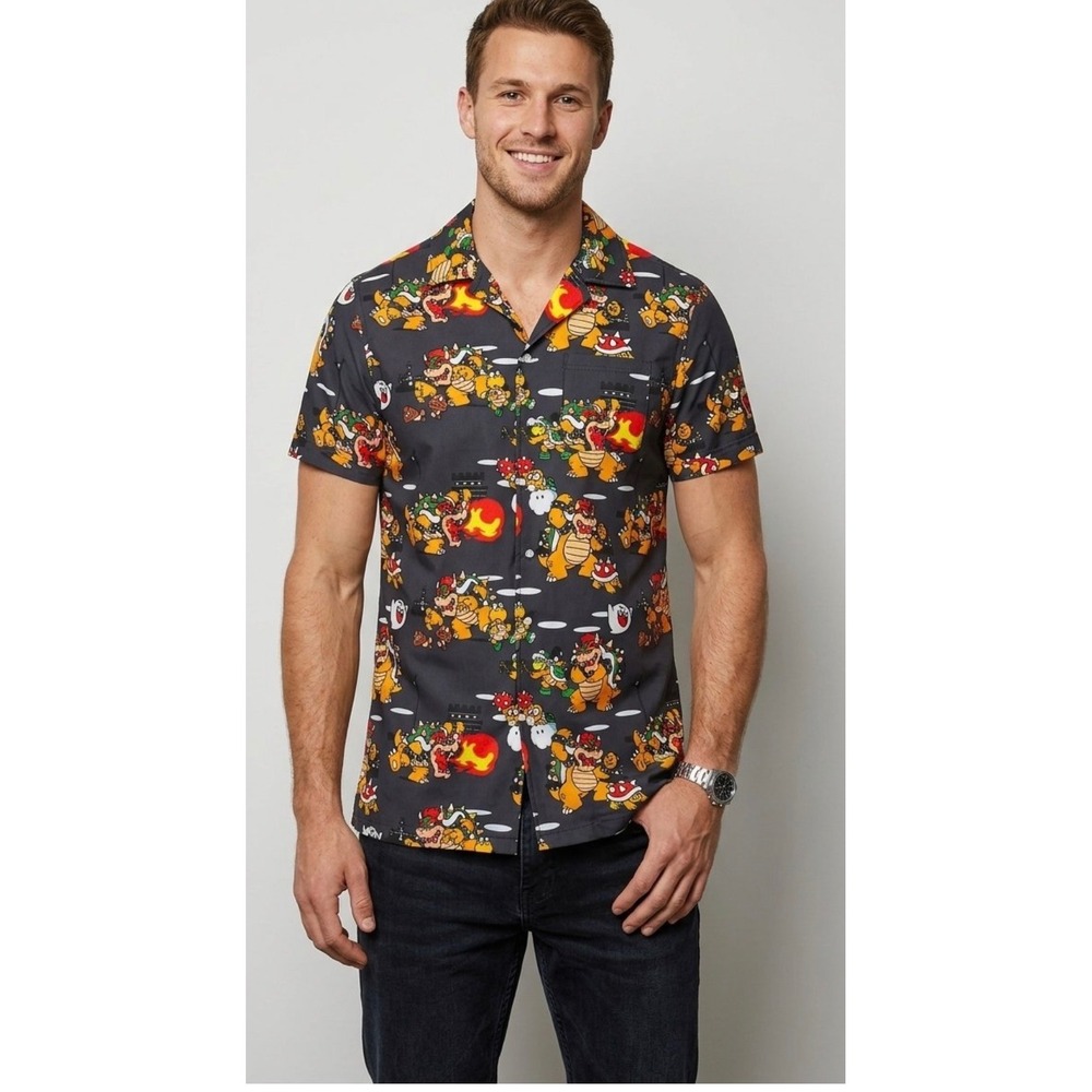 OppoSuits Super Mario Bowser Shirt Mens Medium Black Short Sleeve Button Down